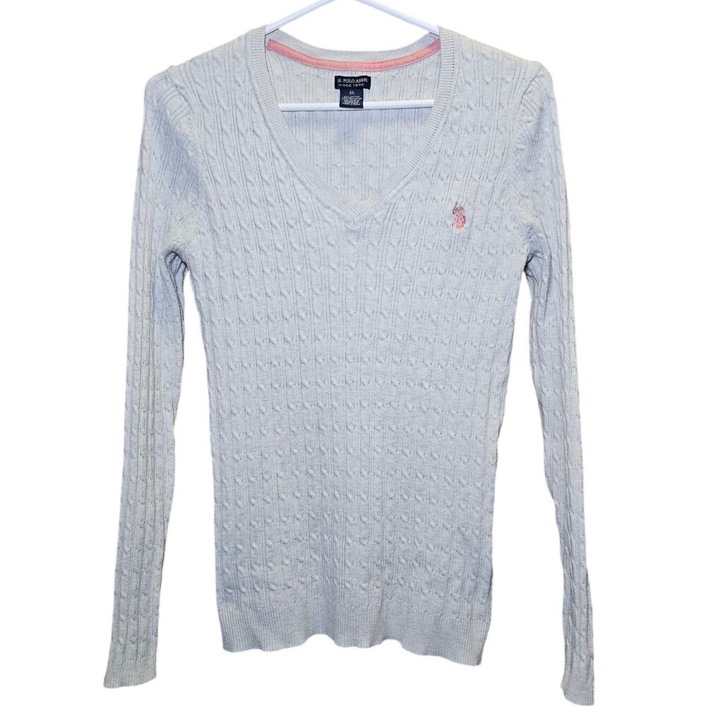 U.S. Polo Assn Sweater Womens XL Light Gray Cable Knit V-Neck Preppy Classic Y2K